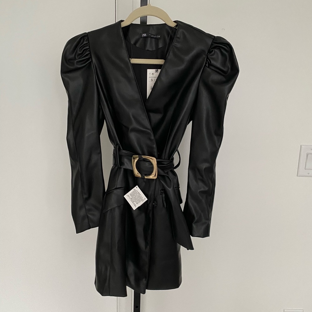 ZARA - leather mini puff sleeve wrap dress w belt